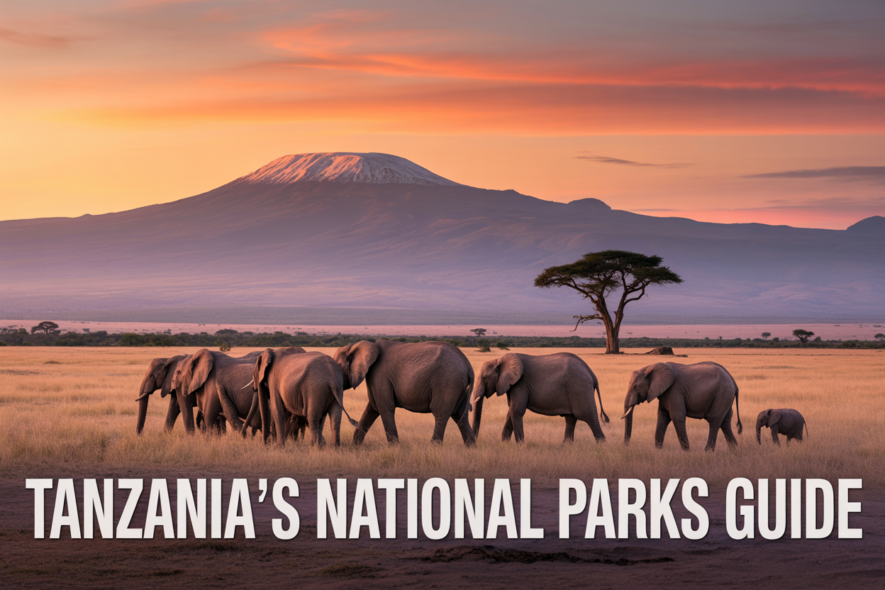realistic image of a vast African savanna landscape in Tanzania with a herd of elephants walking across the golden plains during golden hour, with Mount Kilimanjaro's snow-capped peak visible in the background under a dramatic orange and pink sky, a lone acacia tree silhouetted against the warm sunset light in the midground, conveying a sense of adventure and wilderness, with bold white text overlay reading "Tanzania's National Parks Guide" positioned at the bottom of the image in a clean, modern font.