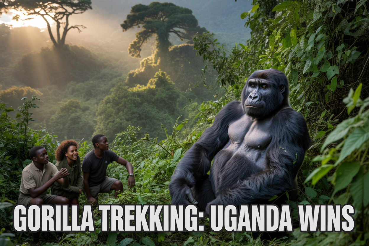 realistic image of a massive wild mountain gorilla sitting peacefully among lush green vegetation in a dense misty rainforest in Uganda's Bwindi Impenetrable Forest, with soft golden morning light filtering through the forest canopy, creating an atmospheric and awe-inspiring mood, with a small group of excited black male and female tourists observing the gorilla respectfully from a distance in the background, the scene conveying a rare and intimate wildlife encounter, with bold white text overlay reading "Gorilla Trekking: Uganda Wins" positioned at the bottom of the image.