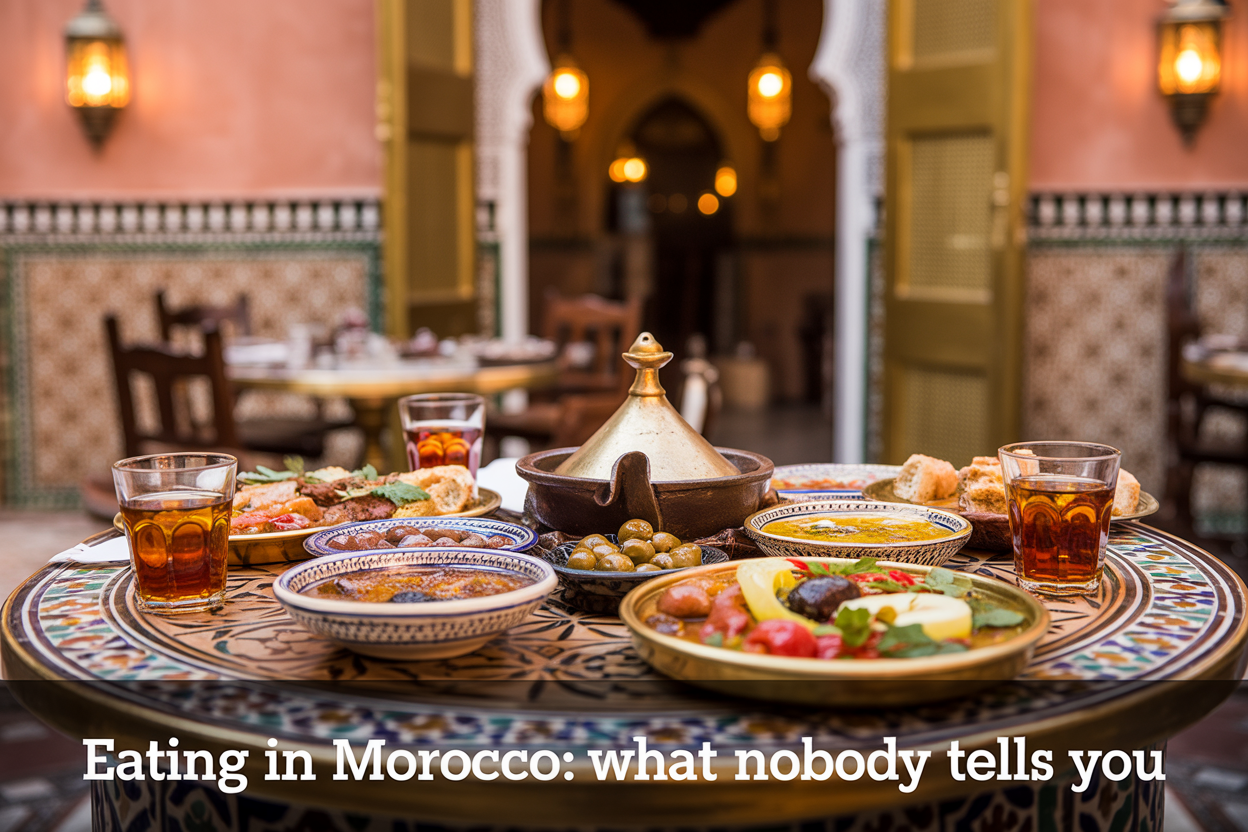 realistic image of a vibrant Moroccan food scene featuring an ornate low wooden table covered with an array of colorful traditional dishes including a clay tagine, small bowls of spiced olives, fresh bread, and mint tea in decorative glass cups, set against a background of warm terracotta walls with intricate mosaic tile details and hanging lanterns casting a golden warm glow, with a shallow depth of field emphasizing the richly textured and colorful food spread in the foreground, evoking an intimate and authentic dining atmosphere, with the on-image text "Eating in Morocco: What Nobody Tells You" displayed in elegant white font at the bottom of the image.