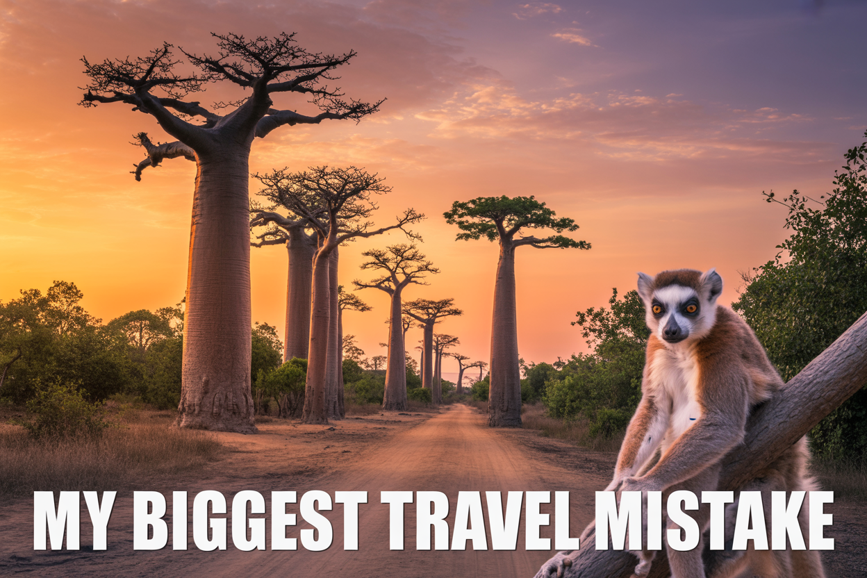 realistic image of a breathtaking Madagascar landscape featuring a dramatic Avenue of the Baobabs at golden hour, with massive ancient baobab trees lining a dirt path under a warm orange and purple sunset sky, a curious lemur perched on a foreground branch looking directly at the camera, lush greenery and red laterite soil visible in the background, evoking a sense of wonder and deep regret for missed adventure, with bold white text overlay reading "My Biggest Travel Mistake" positioned at the bottom of the image in a clean modern font.