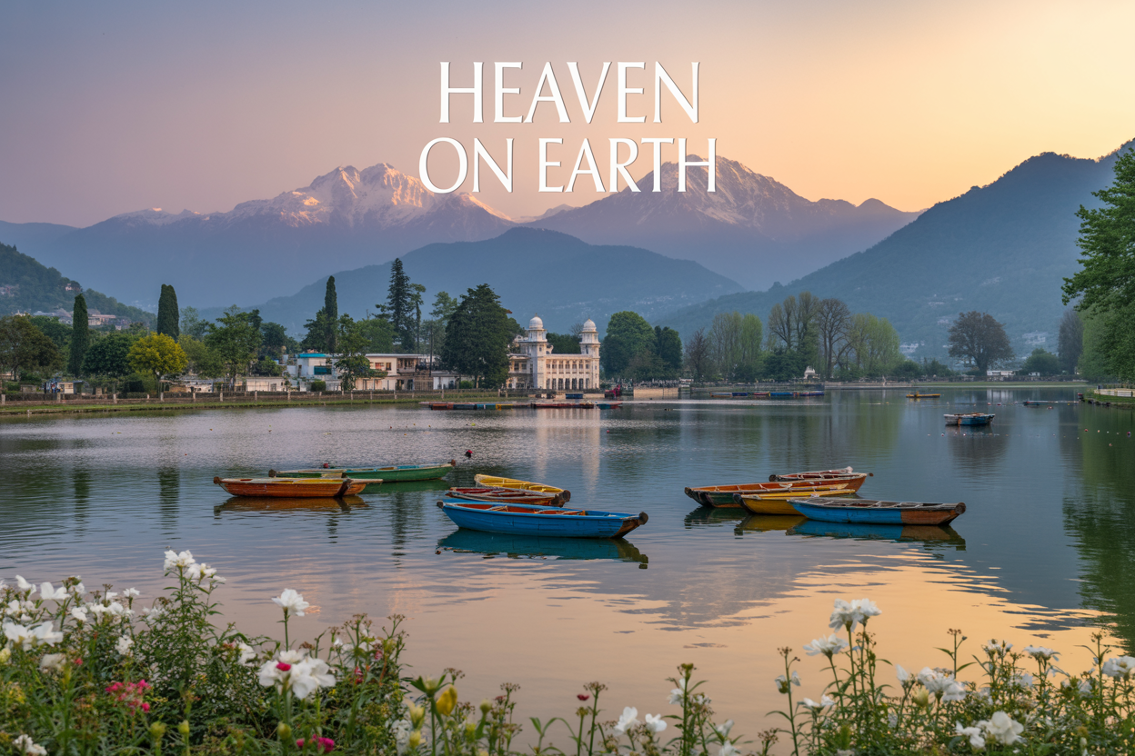 realistic image of a breathtaking panoramic view of Kashmir valley featuring the iconic Dal Lake with colorful wooden shikaras floating on calm reflective waters, framed by lush green Mughal gardens with blooming flowers in the foreground and snow-capped Himalayan mountain peaks rising majestically in the background under a golden-hour sky with warm soft light casting a heavenly glow over the entire scene, evoking a serene and awe-inspiring mood, with elegant white text overlay reading "Heaven on Earth" positioned subtly in the upper portion of the image.