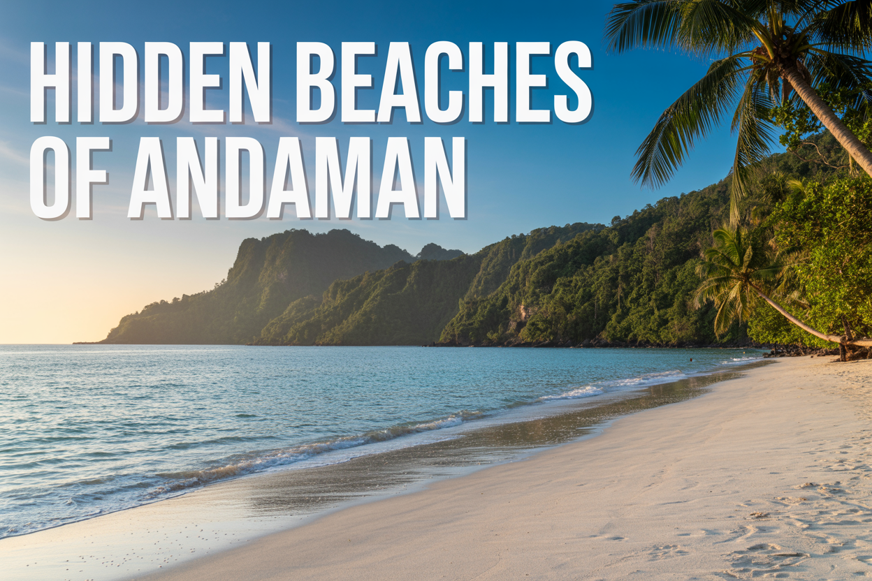 realistic image of a breathtaking untouched tropical beach in the Andaman Islands featuring crystal-clear turquoise water, pristine white sand, and lush green jungle-covered cliffs in the background, with no crowds or tourists in sight, soft golden sunlight casting a warm glow over the serene landscape, a few palm trees leaning over the shoreline, and gentle waves lapping the shore, evoking a sense of discovery and isolation, with bold white text overlay reading "Hidden Beaches of Andaman" positioned at the top of the image.
