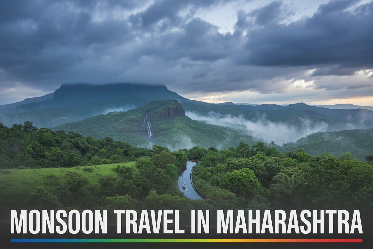 realistic image of a dramatic monsoon landscape in Maharashtra, India, featuring a lush green Western Ghats mountain range with cascading waterfalls and mist-covered valleys under heavy dark monsoon clouds, a winding road glistening with rainwater cutting through dense green forest in the foreground, soft dramatic lighting breaking through the clouds to illuminate the verdant scenery, creating a mood that is both adventurous and slightly mysterious, with bold white text overlay reading "Monsoon Travel in Maharashtra" placed at the bottom of the image in a clean modern font against a subtle dark gradient band.