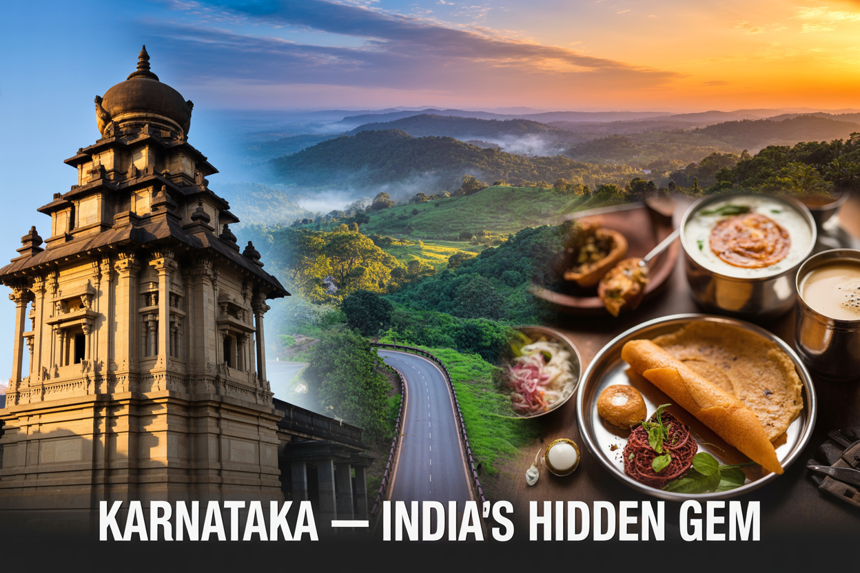 realistic image of a stunning panoramic collage-style scene showcasing Karnataka's diverse beauty, featuring a majestic ancient temple with intricate Hoysala stone carvings on the left, lush green misty hills of Coorg with a winding road in the center, and a vibrant spread of traditional Karnataka cuisine including dosas and filter coffee on the right, all bathed in warm golden hour sunlight with a rich blue sky overhead, evoking a sense of wonder and discovery, with the bold text overlay "Karnataka — India's Hidden Gem" displayed in elegant white font at the bottom center of the image.