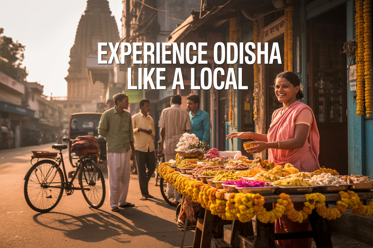 realistic image of a vibrant street scene in Odisha, India, featuring a local Indian female vendor selling colorful traditional prasad and street food at a rustic market stall adorned with marigold garlands, with an ancient temple architecture visible in the background, warm golden hour lighting casting a rich amber glow over the scene, a group of locals engaged in casual conversation nearby, a bicycle and a rickshaw parked along the dusty lane adding authenticity, the overall mood being immersive, warm, and culturally rich, with on-image text that reads "Experience Odisha Like a Local" in bold, elegant white font placed in the upper portion of the image.