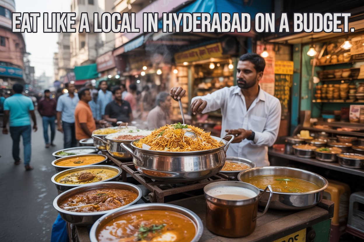 realistic image of a vibrant street food scene in Hyderabad, India, featuring a steaming pot of biryani as the centerpiece on a busy food stall, surrounded by colorful local dishes like haleem and chai, with an Indian male vendor serving food in a rustic outdoor market setting, warm golden lighting evoking an authentic and lively atmosphere, bustling street stalls and old city architecture visible in the background, and bold text overlay reading "Eat Like a Local in Hyderabad on a Budget."