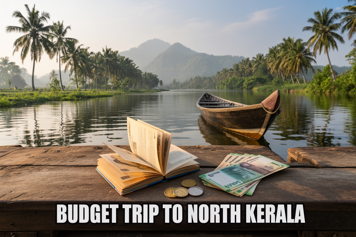 realistic image of a scenic North Kerala landscape featuring a serene backwater canal lined with lush green coconut palm trees and a traditional wooden boat gently floating on calm water, with a misty mountain range visible in the background under soft golden morning light, complemented by a small open travel guidebook and a few Indian rupee coins and banknotes placed in the foreground on a worn wooden surface, evoking a sense of affordable adventure and peaceful exploration, with the on-image text "Budget Trip to North Kerala" displayed in bold white letters with a subtle dark overlay at the bottom of the image.