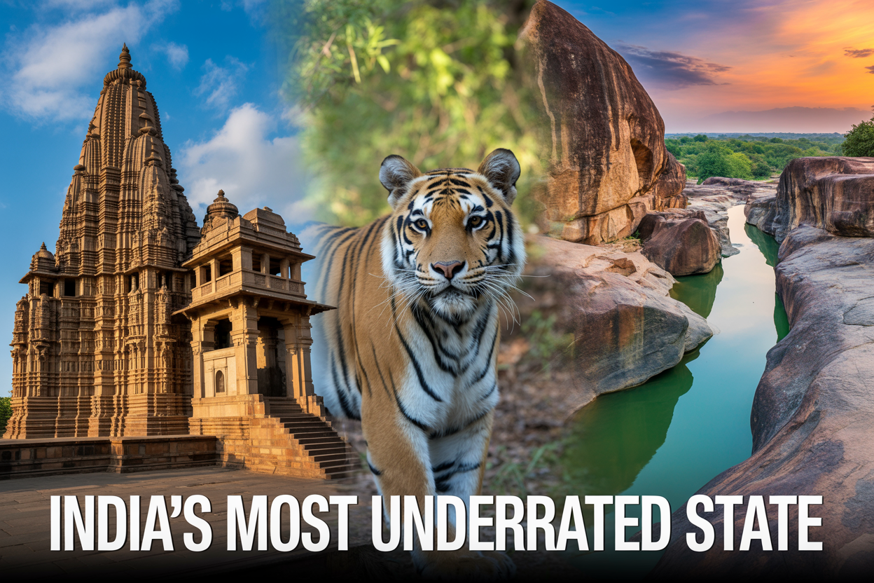 realistic image of a stunning collage-style composition showcasing Madhya Pradesh's iconic highlights, featuring the majestic ancient temples of Khajuraho with their intricate stone carvings on the left, a majestic Bengal tiger in a lush jungle setting representing Bandhavgarh National Park in the center, and the breathtaking marble rocks of Bhedaghat with turquoise river waters on the right, all bathed in warm golden hour lighting with a rich, vibrant color palette, set against a dramatic sky transitioning from deep blue to orange hues, with the bold white text "India's Most Underrated State" elegantly overlaid at the bottom of the image in a clean modern font, evoking a sense of wonder, discovery, and cultural richness.