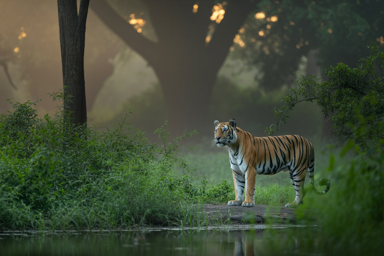 realistic image of a majestic tiger standing alert in a lush green forest landscape of central India, with tall sal trees and dense undergrowth in the background, soft golden morning light filtering through the canopy casting dappled shadows on the forest floor, evoking a sense of wild, untouched natural beauty and serene wilderness, the tiger positioned near a calm waterhole reflecting the surrounding trees, with a misty atmospheric haze adding depth to the scene. Absolutely NO text should be in the scene.