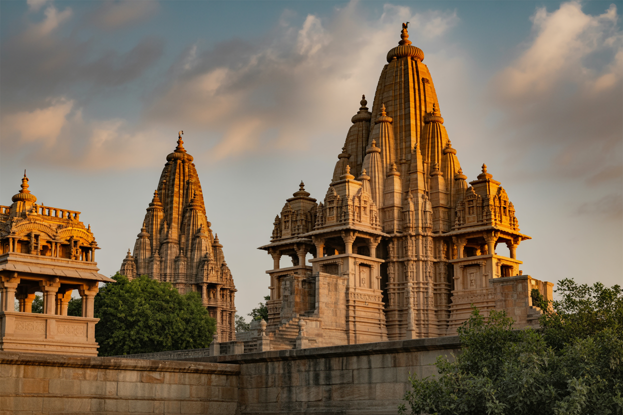 realistic image of a grand ancient Indian temple complex in Madhya Pradesh, showcasing intricate stone carvings and towering spires typical of the Khajuraho temples, bathed in warm golden hour sunlight that highlights the detailed sculptures and architectural grandeur, with a wide-angle perspective revealing multiple ornate temples rising against a dramatic sky, lush greenery surrounding the stone structures, creating an awe-inspiring and historically rich atmosphere that evokes a sense of undiscovered magnificence. Absolutely NO text should be in the scene.