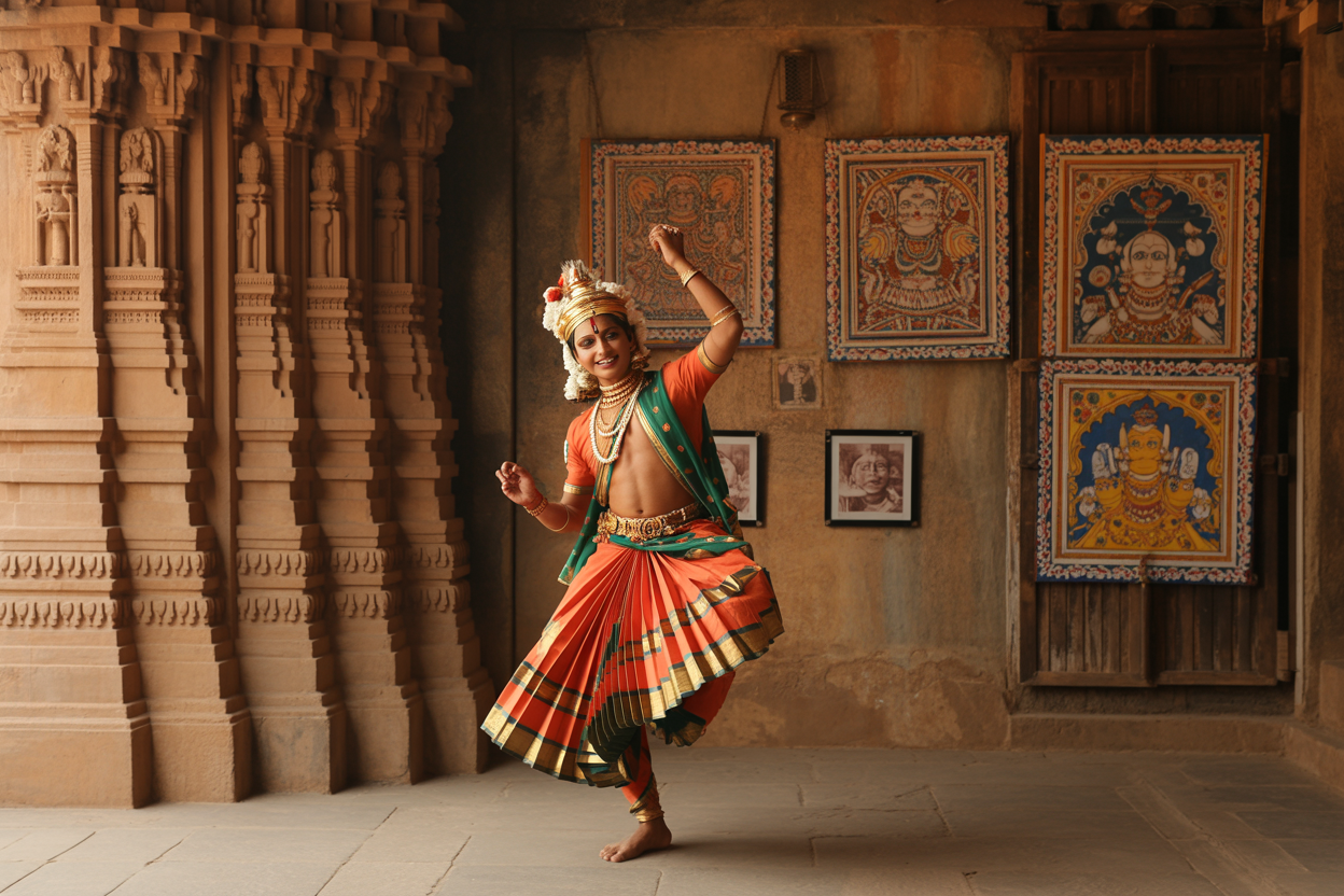 realistic image of a vibrant traditional Indian cultural scene in Madhya Pradesh, featuring ornate temple carvings from Khajuraho-style architecture in the background, a classical Indian dancer in a colorful traditional costume performing a folk dance, surrounded by intricate handcrafted tribal artwork and colorful Gond paintings displayed on a rustic wall, with warm golden hour lighting casting a rich, atmospheric glow over the scene, evoking a sense of deep cultural heritage and timeless artistry that often goes unnoticed, Absolutely NO text should be in the scene.