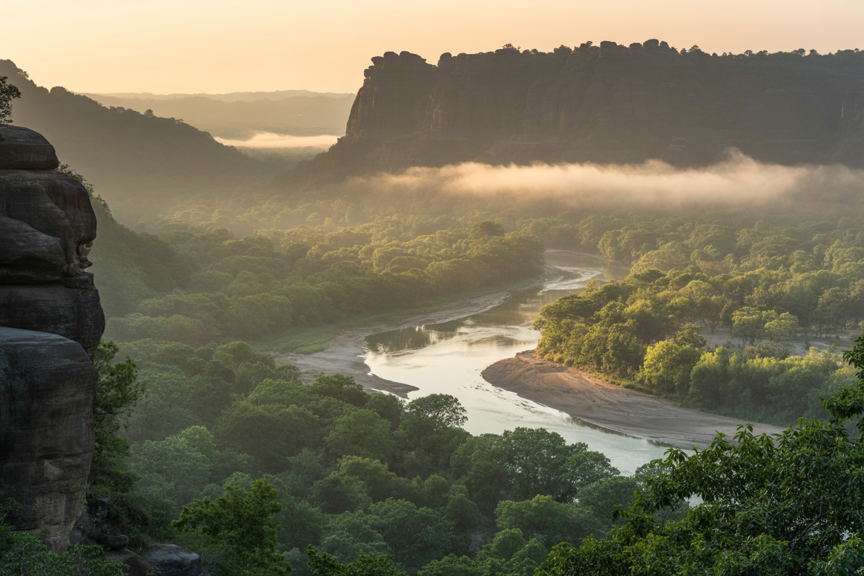 realistic image of a breathtaking panoramic landscape in Madhya Pradesh, India, featuring a dramatic scene with lush green forests, a winding river reflecting golden sunlight, and rugged rocky cliffs in the background, with mist gently hovering over the treetops in the early morning light, evoking a sense of untouched natural beauty and serene wilderness, warm golden hour lighting casting long shadows across the landscape, wide-angle perspective capturing the vast expanse of nature in all its glory. Absolutely NO text should be in the scene.
