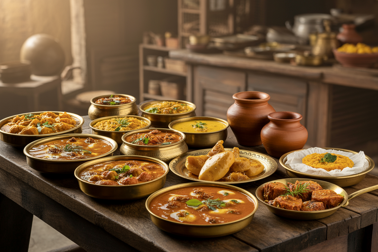 realistic image of a vibrant spread of traditional Madhya Pradesh dishes arranged beautifully on a rustic wooden table, featuring iconic dishes like dal bafla, bhutte ka kees, and poha with jalebi served in clay pots and brass plates, with warm golden lighting highlighting the rich colors and textures of the food, a cozy traditional Indian kitchen or street food stall in the blurred background, creating an inviting and appetizing atmosphere that celebrates authentic regional cuisine. Absolutely NO text should be in the scene.