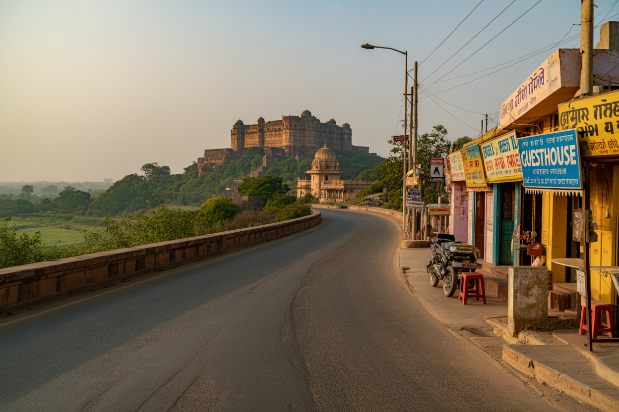 realistic image of a budget-friendly travel scene in Madhya Pradesh, India, featuring a well-maintained road leading toward an ancient fort or temple in the background, with a clearly affordable and comfortable local guesthouse or dhaba roadside eatery visible on the side, conveying a sense of accessibility and value, warm golden daylight illuminating the scenic landscape, with lush greenery and open roads suggesting ease of travel, an overall mood of smart, stress-free exploration in an uncrowded destination. Absolutely NO text should be in the scene.