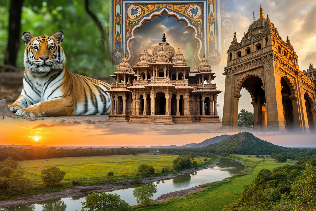 realistic image of a breathtaking panoramic collage-style scene showcasing the diversity of Madhya Pradesh, India, featuring a majestic tiger resting in a lush forest on one side, ancient ornate temple architecture with intricate carvings in the center, and a stunning natural landscape with rolling green hills and a calm river reflecting golden sunset light in the background, with vibrant traditional Indian folk art motifs subtly framing the scene, warm and inviting golden hour lighting casting a magical glow across the entire composition, creating a sense of wonder and discovery that evokes the feeling of an underrated hidden gem waiting to be explored. Absolutely NO text should be in the scene.