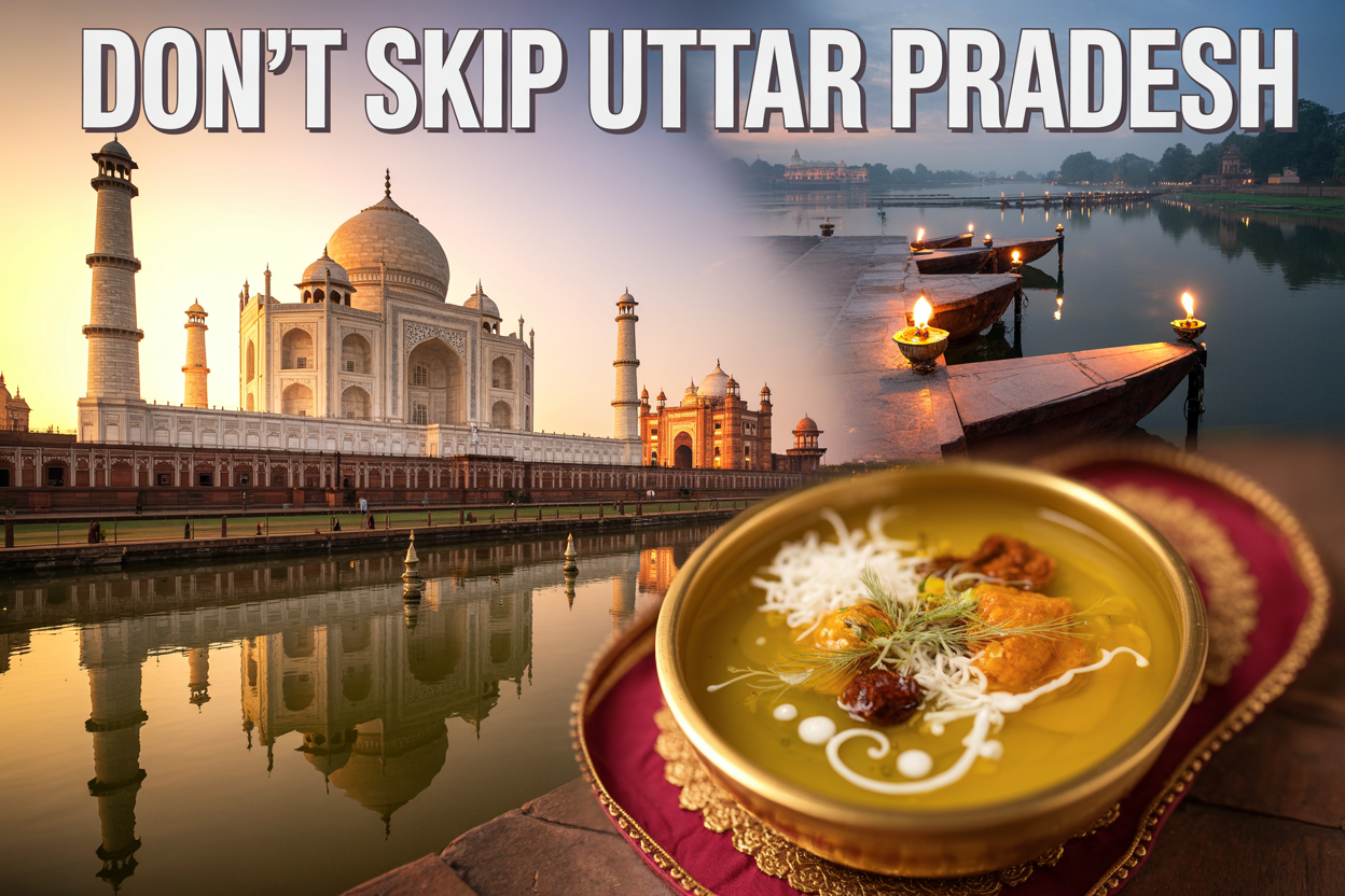 realistic image of a stunning composite scene showcasing the iconic Taj Mahal at golden hour with its reflection in the still water of the Hauz-i-Kausar pool, complemented by a vibrant ghee-laden thali of traditional Uttar Pradesh cuisine in the foreground corner, warm amber and golden lighting casting a majestic glow across the entire scene, with the sacred ghats of Varanasi subtly blended into the background showing oil lamps floating on the Ganges river, the overall mood being awe-inspiring and inviting, with bold white text overlay reading "Don't Skip Uttar Pradesh" positioned at the top of the image in an elegant font.