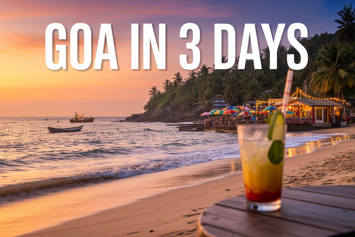 realistic image of a stunning Goa beach scene at golden hour, featuring a pristine shoreline with gentle waves, a vibrant beach shack with colorful umbrellas and fairy lights in the background, a glass of refreshing tropical drink in the foreground resting on a wooden surface, with a fishing boat visible on the sparkling ocean and lush palm trees swaying along the coast, the warm orange and pink sunset sky casting a magical glow over the entire scene, with bold white text overlay reading "Goa in 3 Days" positioned at the top of the image in a clean, modern font.