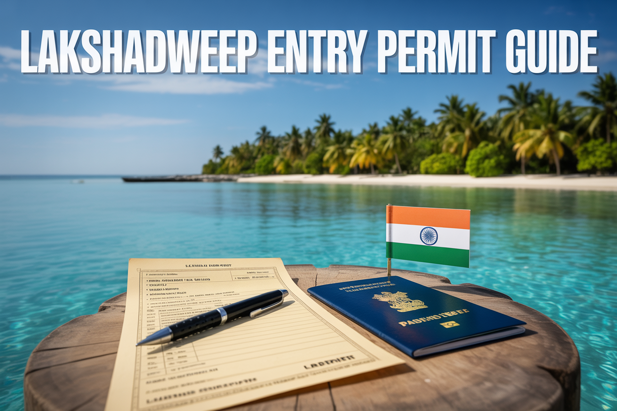realistic image of a serene tropical island scene in Lakshadweep with crystal-clear turquoise waters, white sandy beaches, and lush green palm trees in the background, with a closeup of an official government permit document and a passport placed on a wooden surface in the foreground, accompanied by a pen and a small Indian flag, the scene bathed in warm, bright natural sunlight conveying a welcoming and informative mood, with bold white text overlay reading "Lakshadweep Entry Permit Guide" positioned at the top of the image.