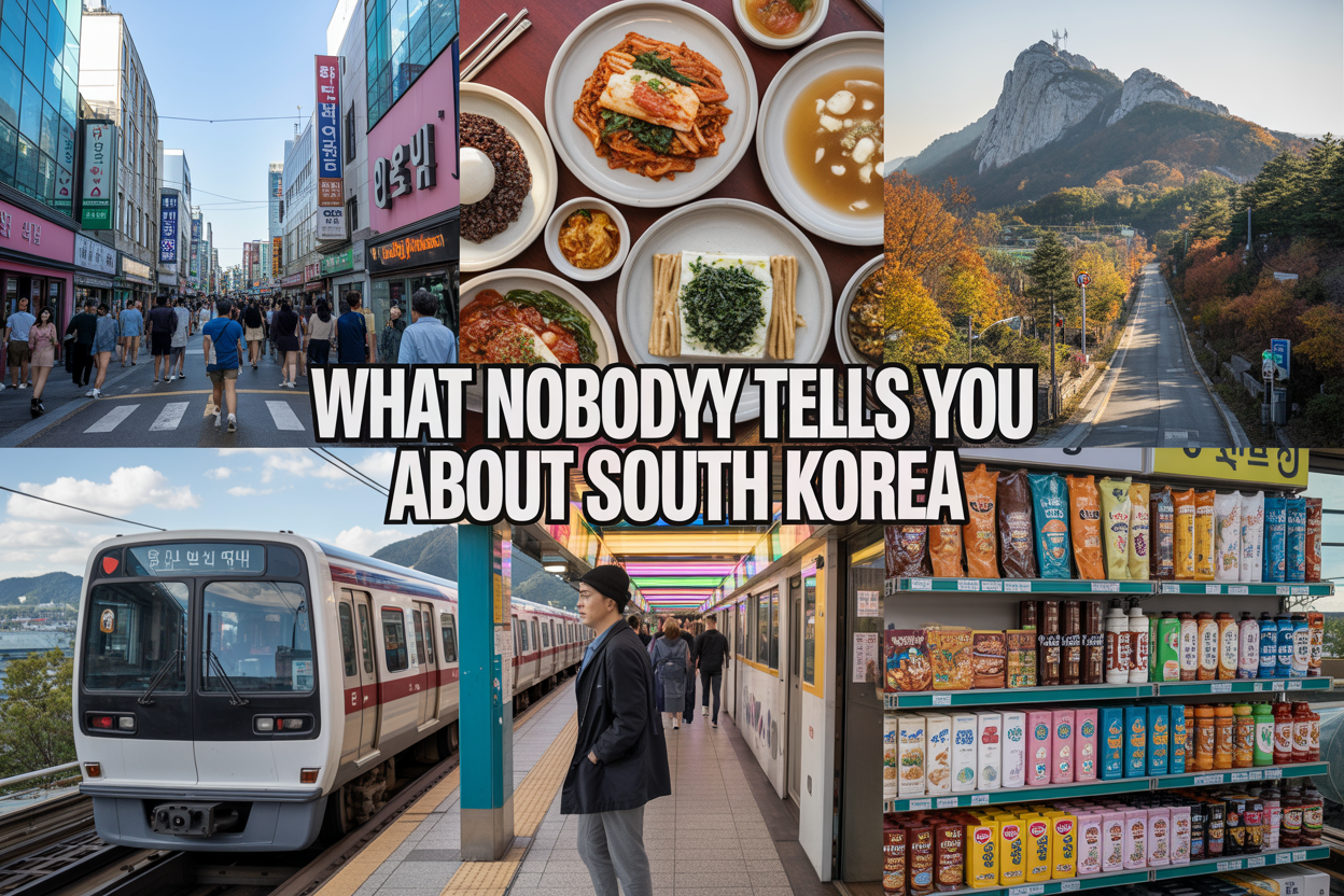 realistic image of a vibrant collage-style scene set in South Korea featuring iconic elements including a bustling Seoul street with neon signs, a spread of colorful Korean dishes like kimchi and tteokbokki on a restaurant table, a sleek subway train interior, a convenience store shelf stocked with snacks and skincare products, and a mountain hiking trail with autumn foliage in the background, all bathed in warm and energetic lighting that captures the lively and dynamic spirit of South Korea, with bold white text overlay reading "What Nobody Tells You About South Korea" placed prominently at the center of the image.