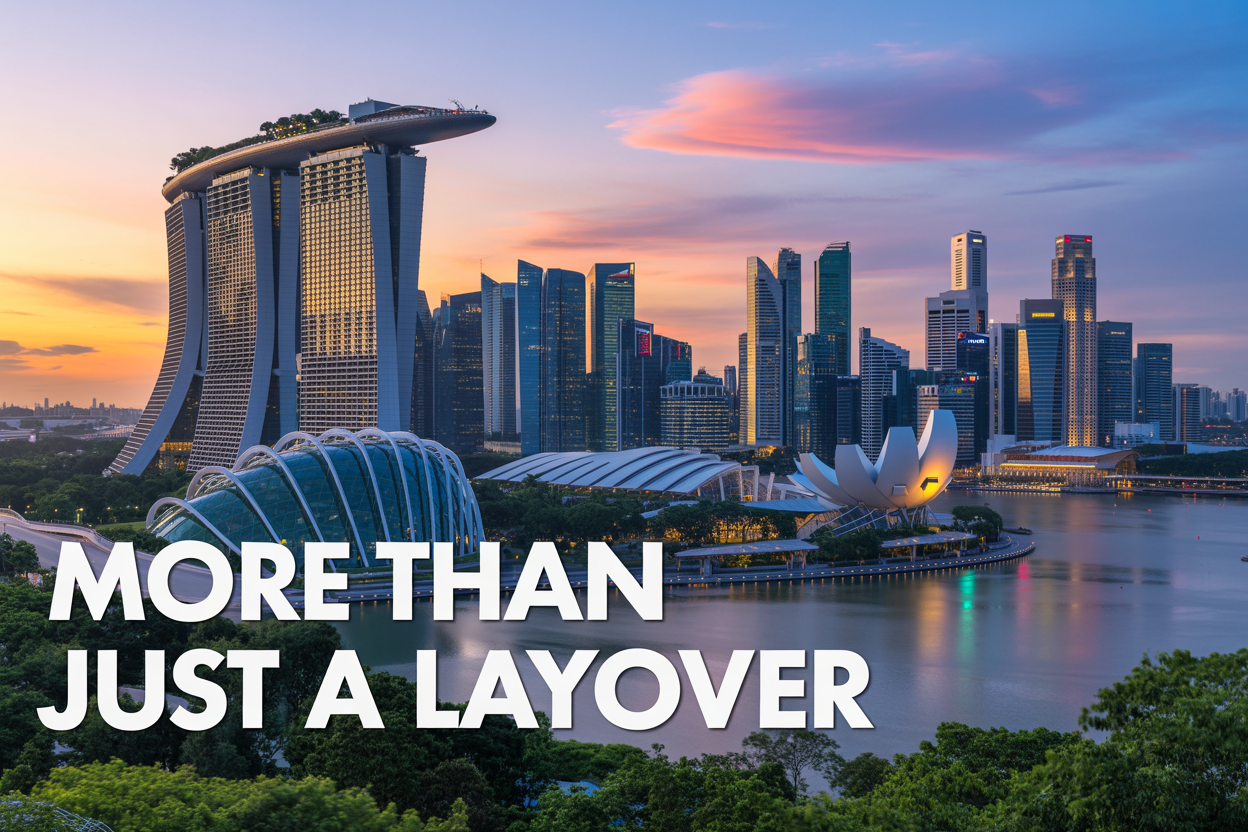 realistic image of a stunning panoramic view of Singapore's iconic skyline featuring the Marina Bay Sands hotel, Gardens by the Bay with its towering Supertrees, and the vibrant city lights reflecting on the calm bay waters at golden hour, with lush greenery visible in the foreground to hint at the city's nature spaces, warm and inviting ambient lighting that blends natural sunset hues with the city's glowing lights creating a magical atmosphere, and bold white text overlay reading "More Than Just a Layover" positioned in the lower third of the image.