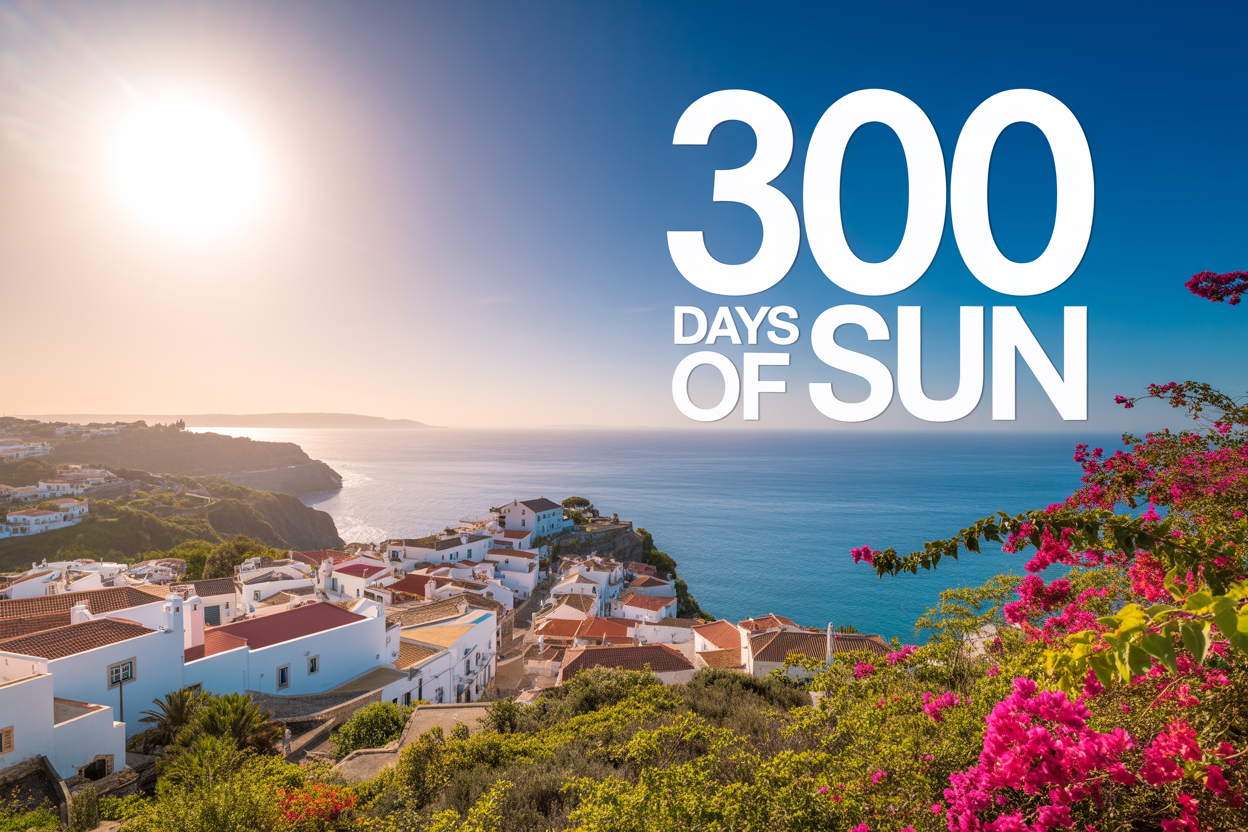 realistic image of a stunning coastal Portuguese landscape bathed in warm golden sunlight, featuring a picturesque whitewashed village with terracotta rooftops overlooking the deep blue Atlantic Ocean, with a clear sunny sky stretching across the horizon, lush green hillsides, and vibrant bougainvillea flowers in the foreground adding pops of pink and purple, the scene radiating warmth, freedom, and natural beauty under an intensely bright sun positioned high in the sky casting sharp, warm shadows, with the bold on-image text "300 Days of Sun" displayed in clean white bold typography in the upper portion of the image.