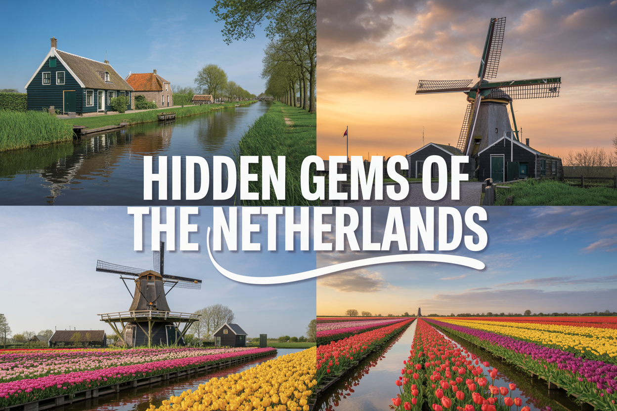realistic image of a stunning collage-style featured image showcasing iconic Dutch landscapes, featuring a serene canal in Giethoorn with traditional thatched-roof cottages reflected in calm water, classic Dutch windmills standing tall against a dramatic golden-hour sky, and vibrant rows of colorful tulip fields stretching to the horizon, with warm, golden natural lighting casting a dreamy glow across the entire scene, evoking a sense of wonder and discovery, with the bold white text overlay reading "Hidden Gems of the Netherlands" elegantly placed in the center of the image.