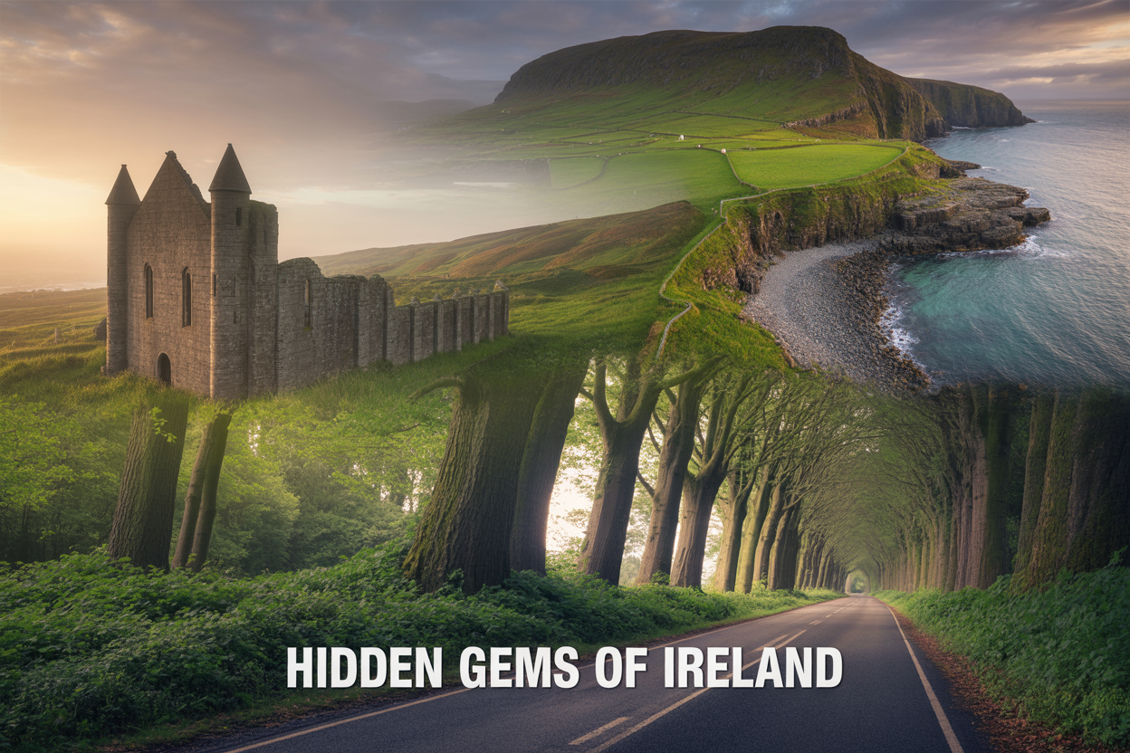 realistic image of a breathtaking Irish landscape collage featuring a misty ancient monastic ruin with round towers, a rugged coastal cliff with turquoise waters, and a moody tree-lined tunnel road, all blended seamlessly into one scenic composition, with soft golden hour lighting casting a warm glow over the lush green scenery, evoking a sense of mystery and discovery, with the bold white text overlay reading "Hidden Gems of Ireland" placed at the bottom center of the image.