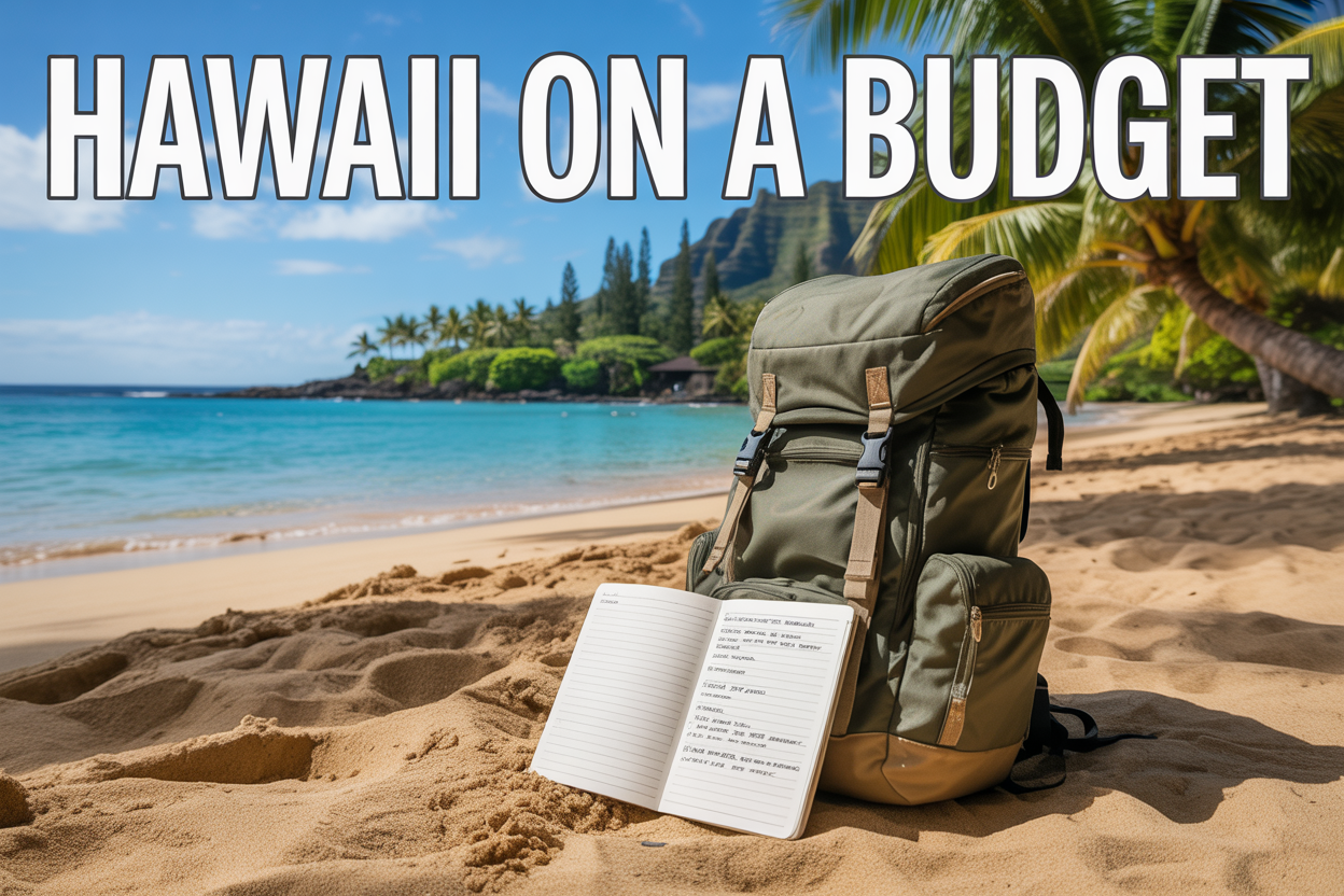 realistic image of a stunning Hawaiian beach scene with turquoise waters, lush green palm trees, and golden sand under bright tropical sunlight, featuring a worn travel backpack and a simple open notebook with a budget plan resting on the sand in the foreground, evoking a sense of adventure and smart travel planning, with bold white text overlay reading "Hawaii on a Budget" positioned at the top of the image.