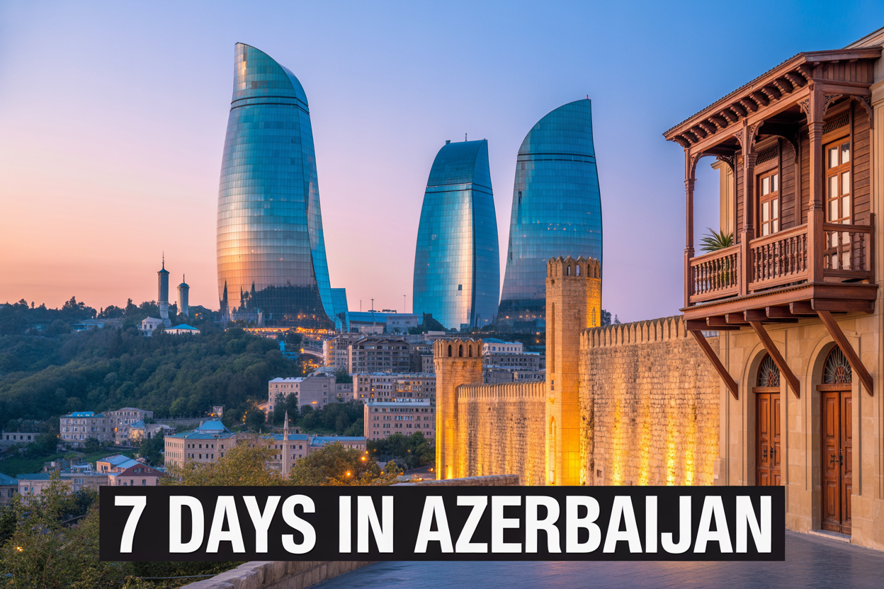 realistic image of a stunning collage-style travel scene featuring Azerbaijan's most iconic landmarks, including the futuristic Flame Towers of Baku glowing against a twilight sky, the ancient stone walls of the Old City (Icherisheher), lush green Caucasus Mountains in the background, and a traditional wooden balcony architecture from Sheki, all seamlessly blended into one breathtaking composition, with warm golden and blue tones creating an inviting and adventurous mood, and bold white text overlay reading "7 Days in Azerbaijan" positioned at the bottom center of the image.