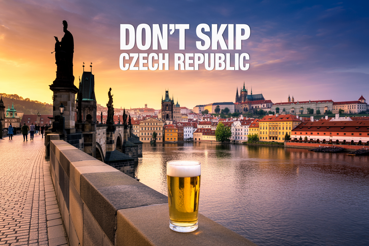 realistic image of a stunning panoramic view of Prague's iconic Old Town skyline at golden hour, featuring the historic Charles Bridge in the foreground with its baroque statues, the red-roofed buildings and Gothic spires of Prague Castle rising majestically in the background, warm amber and orange light casting a magical glow over the Vltava River reflecting the cityscape, with a glass of golden Czech beer placed on a stone bridge railing in the lower corner as a complementary element symbolizing the local culture, and bold white text overlay reading "Don't Skip Czech Republic" positioned in the upper portion of the image.