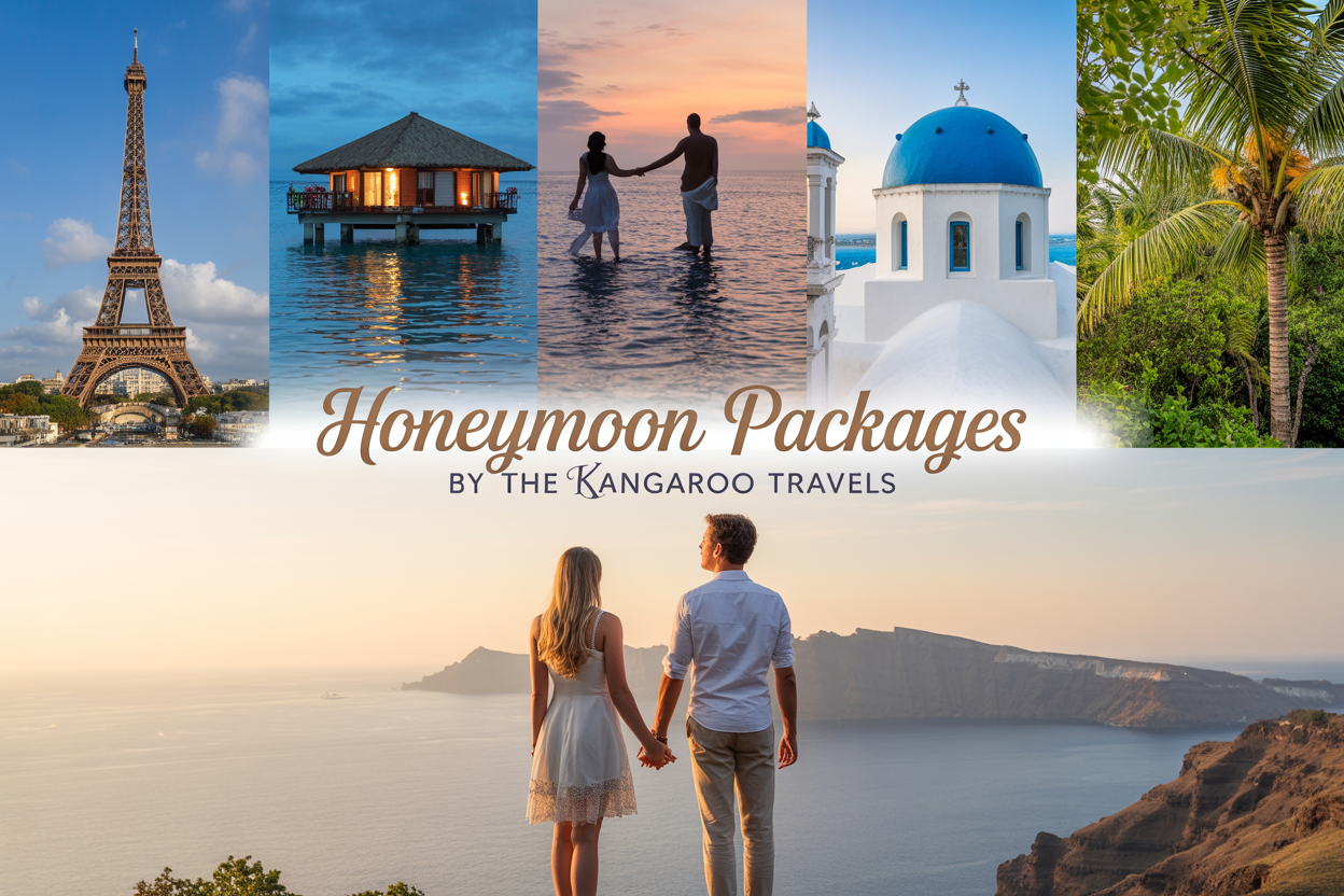 image of a romantic collage-style scene featuring iconic honeymoon destinations including the Eiffel Tower in Paris, a Maldives overwater bungalow, Santorini's white-washed buildings with blue domes, and lush Bali tropical greenery, all blended seamlessly into a dreamy, warm-toned panoramic background with soft golden-hour lighting, featuring a white male and white female couple in the foreground holding hands and gazing at the scenic view, dressed in elegant casual attire, with a elegant overlay text that reads "Honeymoon Packages by The Kangaroo Travels" in stylish gold lettering, evoking a mood of romance, luxury, and wanderlust.