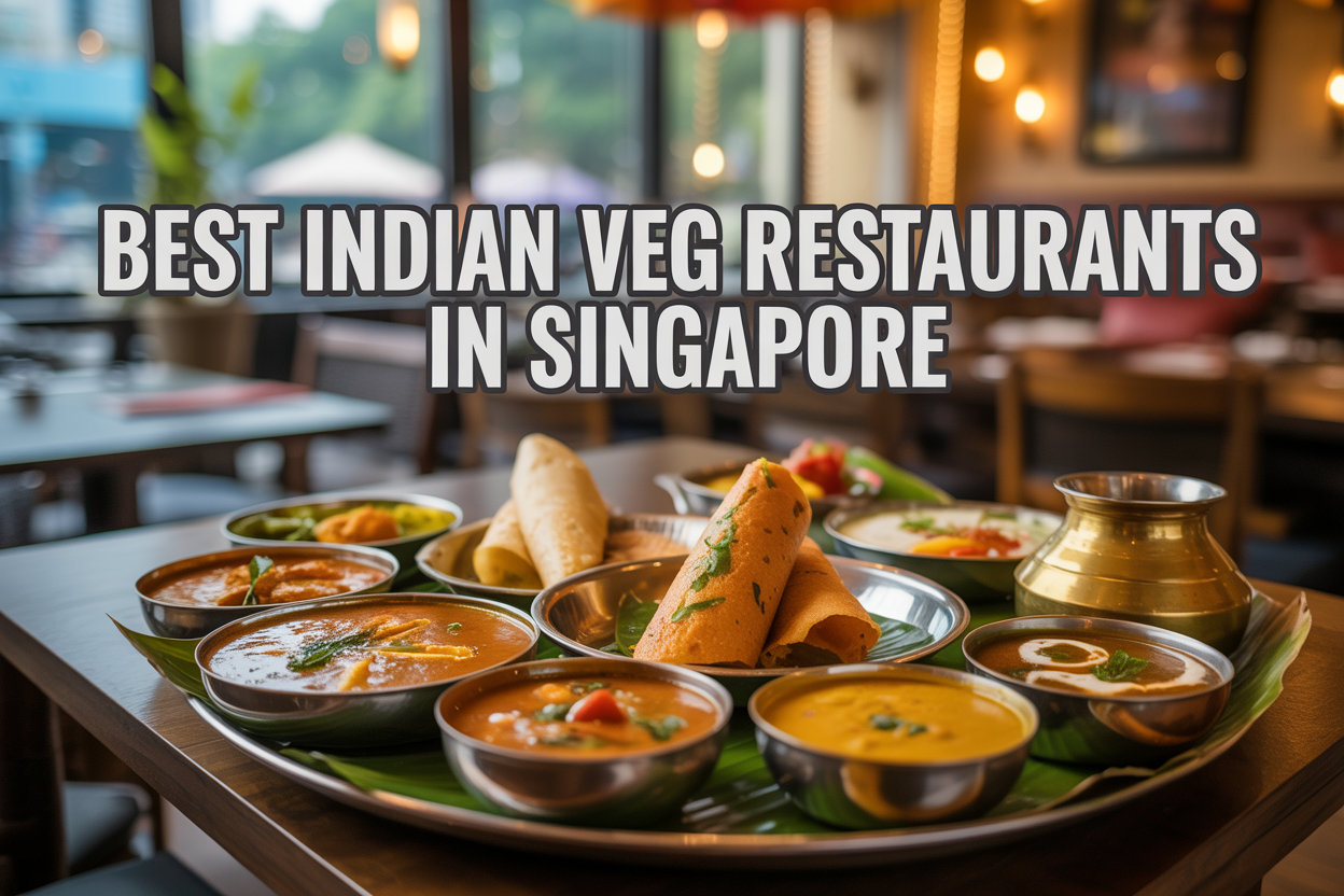 image of a beautifully arranged spread of colorful Indian vegetarian dishes on a wooden dining table, featuring vibrant dishes like dosa, paneer curry, sambar, and chutneys served in traditional South Indian steel vessels and banana leaf plates, with warm golden lighting creating an inviting and appetizing atmosphere, soft bokeh background hinting at a modern Indian restaurant interior with subtle Singapore city elements like fairy lights and elegant decor, the overall mood is festive, rich, and culturally authentic, with on-image text that reads "Best Indian Veg Restaurants in Singapore" in bold, clean white font placed at the top or bottom of the image.
