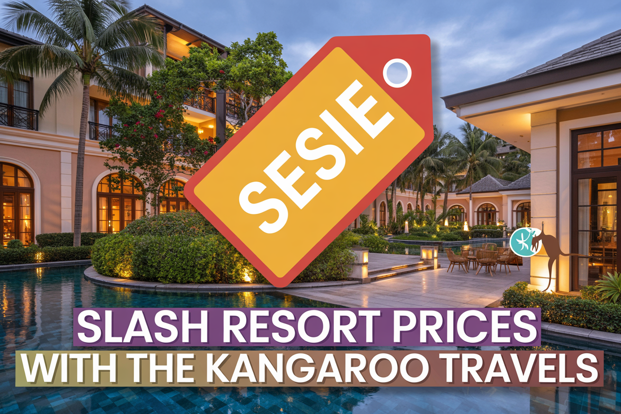 realistic image of a luxurious resort exterior with lush greenery, sparkling pools, and elegant architecture representing Della Resort, with a bold price tag or discount badge element overlaid in the foreground symbolizing slashed prices, warm golden hour lighting casting a welcoming glow over the scene, a kangaroo-themed travel logo subtly visible in the corner, and a bold on-image text that reads "Slash Resort Prices with The Kangaroo Travels" displayed in vibrant, eye-catching typography against a semi-transparent banner at the bottom of the image.