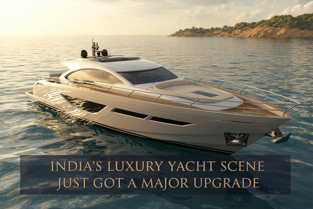 realistic image of a sleek, ultra-luxury white yacht gliding across shimmering blue waters with a stunning coastal Indian backdrop featuring distant golden shoreline and lush greenery under a warm, golden-hour sky, with the yacht's deck showcasing elegant lounging areas and polished railings, evoking a sense of exclusivity and sophistication, the scene lit with rich warm sunlight reflecting off calm ocean waters creating a glamorous and aspirational mood, with the on-image text "India's Luxury Yacht Scene Just Got a Major Upgrade" displayed in elegant gold serif font in the lower portion of the image.