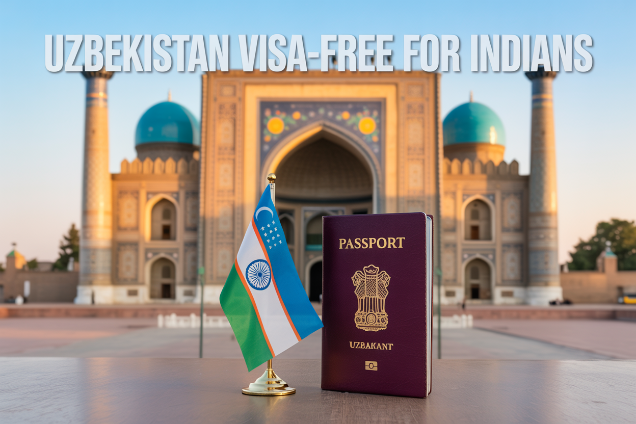 realistic image of a passport placed next to a miniature Uzbekistan flag and a miniature India flag side by side on a clean surface, with a blurred background featuring the iconic Registan Square of Samarkand, Uzbekistan, bathed in warm golden light, evoking a sense of travel and opportunity, with a bold on-image text overlay reading "Uzbekistan Visa-Free for Indians" in clean white modern font positioned at the top of the image.