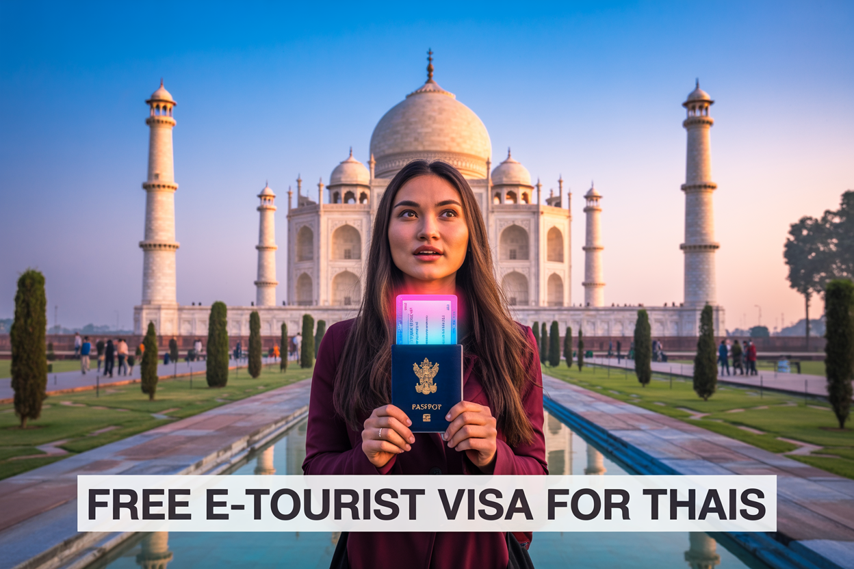 realistic image of a Thai female traveler holding a passport with a glowing digital visa on a tablet screen, standing in front of an iconic Indian landmark such as the Taj Mahal, with warm golden lighting and a vibrant blue sky in the background, the scene conveying excitement and ease of travel, with a bold on-image text element that reads "Free e-Tourist Visa for Thais" displayed in a clean, modern font overlay at the bottom of the image.