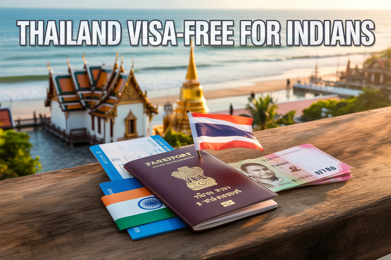 realistic image of a passport with an Indian flag design placed on a wooden surface alongside a boarding pass, a small Thai flag, and Thai baht currency notes, with a blurred background of a iconic Bangkok temple or tropical Thai beach scene in warm golden lighting, conveying a sense of travel excitement and ease, with bold white text overlay that reads "Thailand Visa-Free for Indians" positioned at the top or bottom of the image.