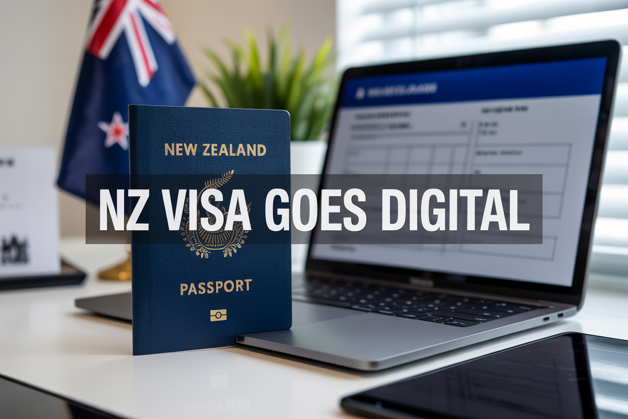 realistic image of a New Zealand passport placed on a sleek modern desk beside a laptop displaying a digital visa application form on its screen, with a small New Zealand flag in the background, soft professional lighting illuminating the scene, and a bold on-image text overlay that reads "NZ Visa Goes Digital" in clean white font, conveying a sense of modernization and ease of travel.