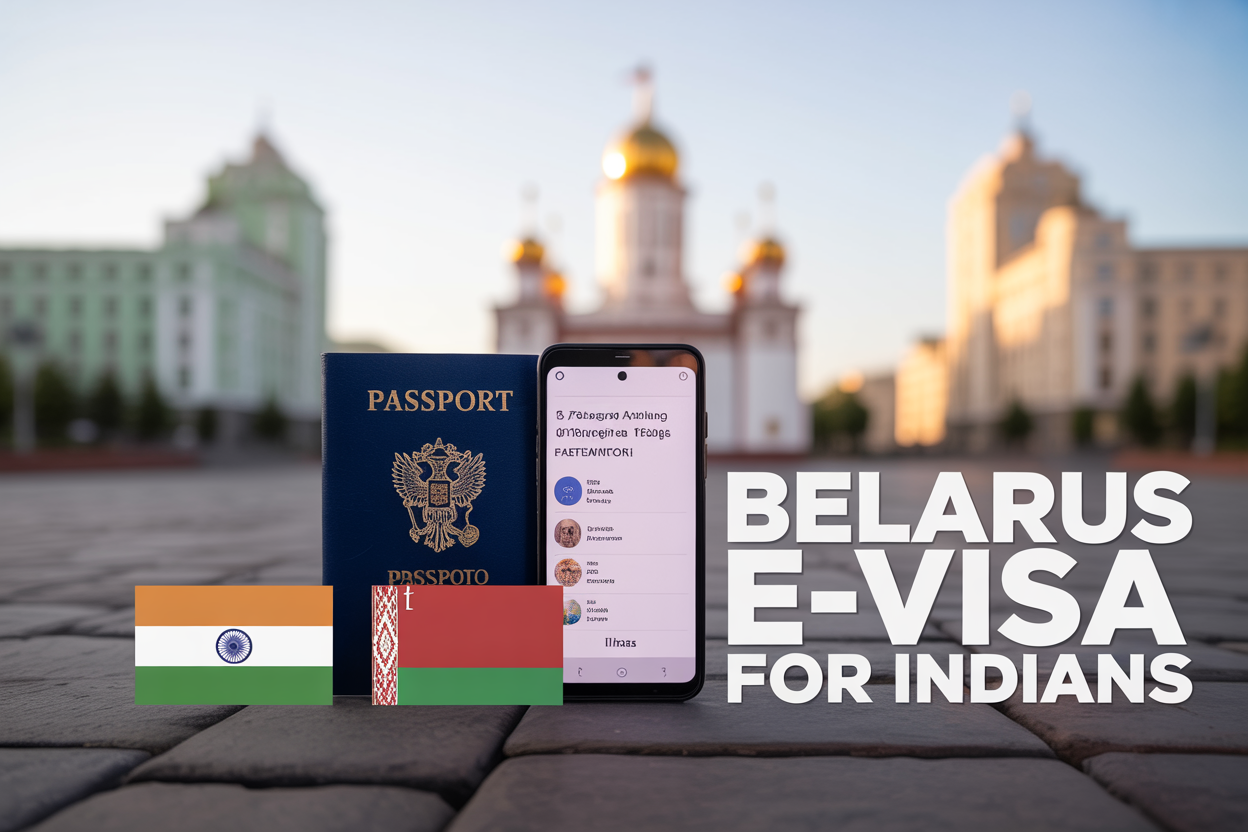 realistic image of a passport placed on a flat surface alongside a smartphone displaying an e-visa approval screen, with a small Indian flag and a Belarusian flag placed side by side next to the passport, set against a soft blurred background featuring the iconic Independence Square of Minsk, Belarus, with warm and professional lighting, and a bold on-image text overlay that reads "Belarus E-Visa for Indians" in clean white modern typography.
