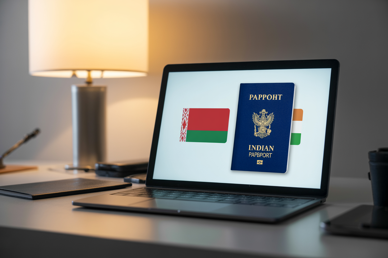 realistic image of a glowing digital visa approval screen displaying the Belarusian flag and Indian passport side by side on a modern laptop or tablet, placed on a clean desk with soft ambient lighting, conveying a sense of official approval and opportunity, with the Belarusian flag featuring its distinctive red and green colors visible as a small pin or icon near the passport, set against a minimal, professional background with warm and optimistic lighting. Absolutely NO text should be in the scene.