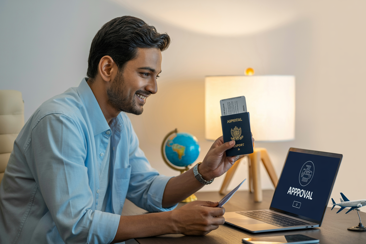 realistic image of an Indian male traveler sitting at a modern desk with a laptop displaying a visa approval screen, holding a passport with a smile on his face, surrounded by subtle travel elements like a small globe and airplane model, with soft warm lighting creating an optimistic and positive mood, set against a clean and professional background that conveys ease and convenience of online travel documentation. Absolutely NO text should be in the scene.