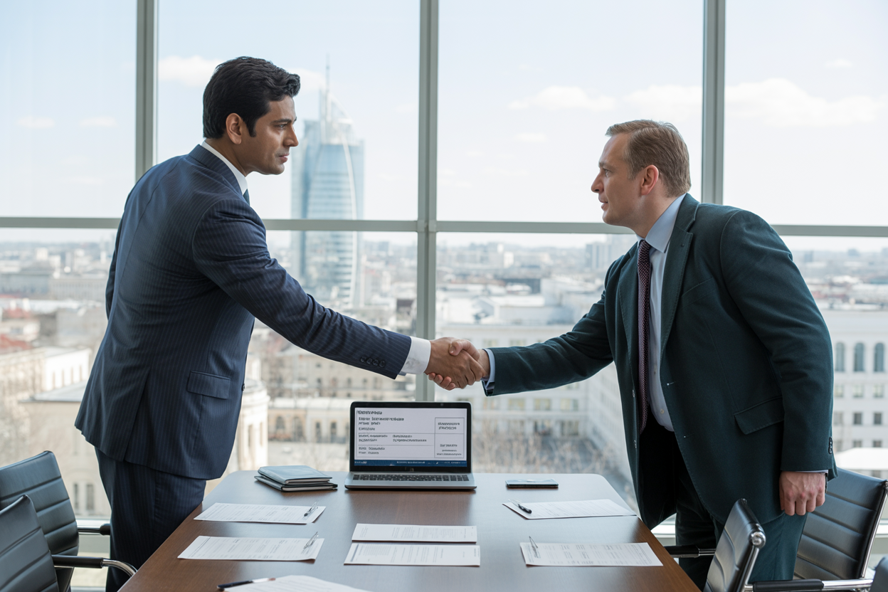 realistic image of an Indian male businessman in a formal suit shaking hands with a Belarusian white male businessman across a conference table, with a laptop displaying a digital visa document and business papers spread on the table, set in a modern corporate office with large windows showing the Minsk city skyline in the background, bright and professional lighting conveying a sense of successful partnership and new business opportunities, Absolutely NO text should be in the scene.
