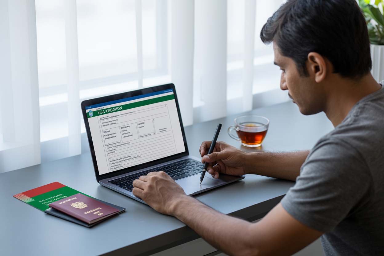 realistic image of an Indian male sitting at a clean desk in front of a laptop, filling out an online visa application form on the screen, with a Belarusian passport-style document and an Indian passport placed beside the laptop, a cup of tea nearby, soft natural lighting from a window in the background creating a focused and organized atmosphere, the scene conveying a straightforward and calm application process. Absolutely NO text should be in the scene.