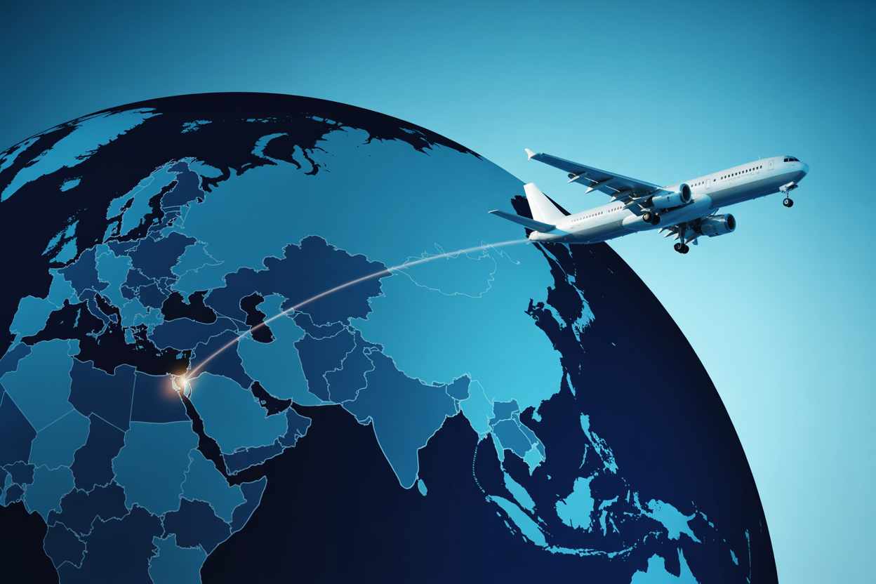 realistic image of a world map or globe highlighting a glowing flight route connecting India and Belarus, with a commercial airplane flying along the path between the two countries, set against a clean dark blue background with soft ambient lighting that gives a modern and professional travel theme feel, Absolutely NO text should be in the scene.
