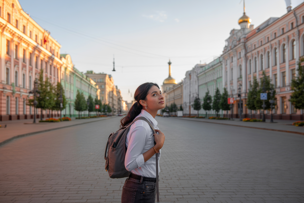 realistic image of an Indian female traveler exploring the historic streets of Minsk, Belarus, with grand Soviet-era architecture and ornate buildings lining the wide boulevard in the background, the traveler looking around in awe with a small backpack, warm golden hour lighting casting a soft glow on the stone facades, a blend of curiosity and excitement in the scene, with lush trees and a clean, spacious city atmosphere surrounding her. Absolutely NO text should be in the scene.