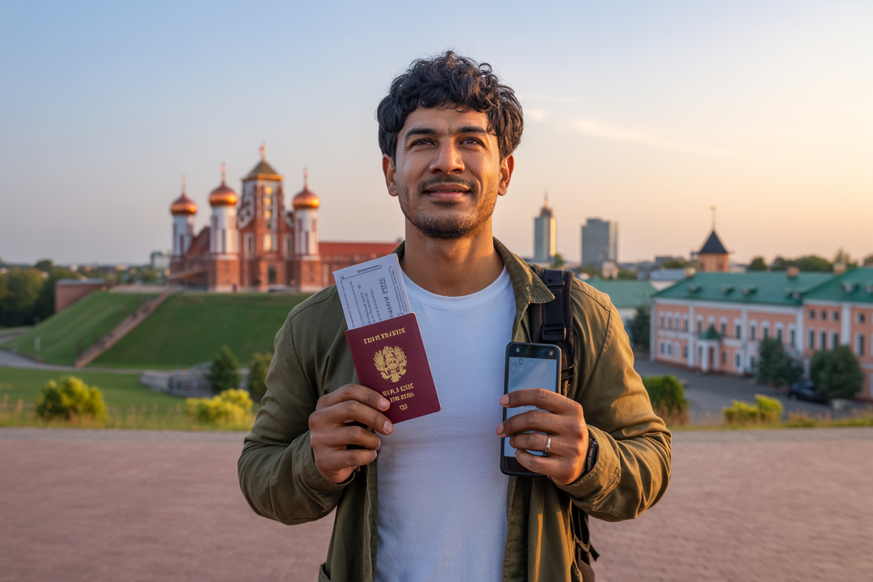 realistic image of an Indian male traveler standing confidently at a scenic Belarus landmark, such as the iconic Mir Castle or Minsk cityscape in the background, holding a passport with a visa document, wearing casual travel attire, with a sense of accomplishment and excitement on his face, warm golden hour lighting casting a hopeful and welcoming atmosphere, complemented by subtle elements like a smartphone displaying a travel itinerary and a small backpack, symbolizing a successful travel journey between India and Belarus. Absolutely NO text should be in the scene.