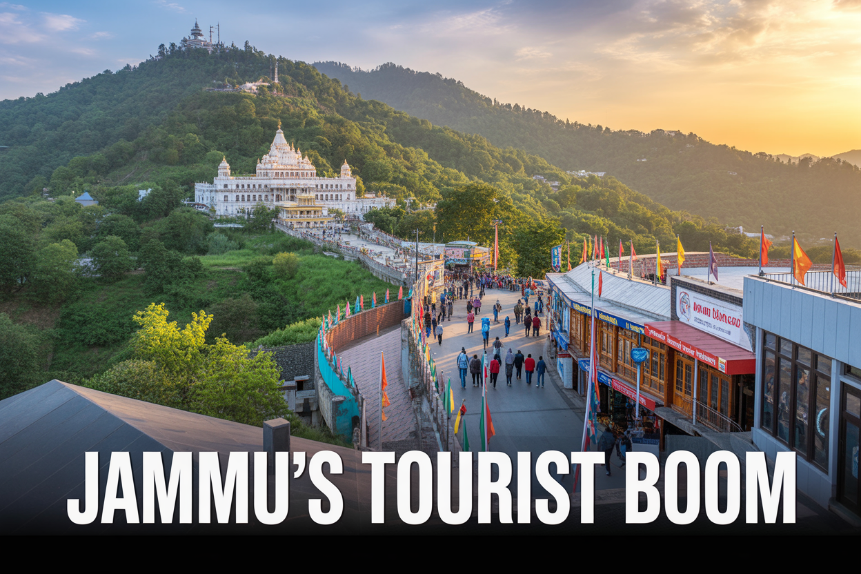 realistic image of a stunning panoramic view of Jammu's iconic landscape featuring the grand Vaishno Devi shrine temple in the background nestled in lush green hills, with a vibrant bustling tourist area in the foreground showing well-maintained pathways, colorful flags, and warm golden sunlight casting a welcoming glow over the scene, complemented by a sense of growth and prosperity, with the bold on-image text "Jammu's Tourist Boom" displayed in clean white modern typography overlay at the bottom of the image.