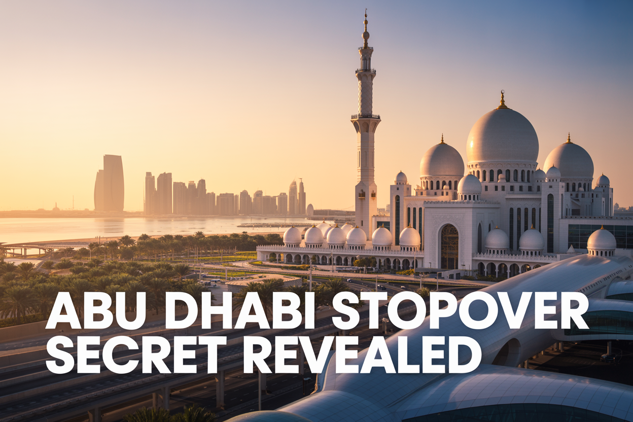 realistic image of a stunning aerial view of Abu Dhabi's iconic skyline featuring the Sheikh Zayed Grand Mosque gleaming under warm golden sunlight, with a modern international airport terminal visible in the foreground suggesting transit and travel, complemented by a luxury hotel and lush palm-lined waterfront in the background, the scene bathed in a vibrant yet serene golden hour glow that evokes excitement and discovery, with the bold on-image text "Abu Dhabi Stopover Secret Revealed" elegantly displayed in white modern typography overlaid on the lower portion of the image.