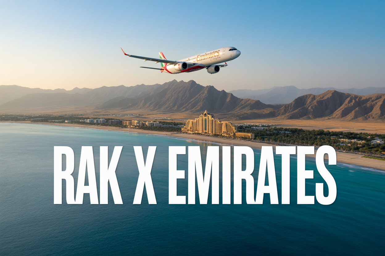 realistic image of a stunning aerial view of Ras Al Khaimah's coastline featuring turquoise waters, dramatic Hajar Mountains in the background, and a modern Emirates airplane flying overhead with its distinctive red and white livery, set during golden hour lighting that casts a warm glow over the landscape, with luxury resort buildings visible along the shoreline, the scene conveying a sense of premium travel and destination discovery, with bold white text overlay reading "RAK x Emirates" positioned in the lower third of the image against a subtle semi-transparent dark gradient for readability.