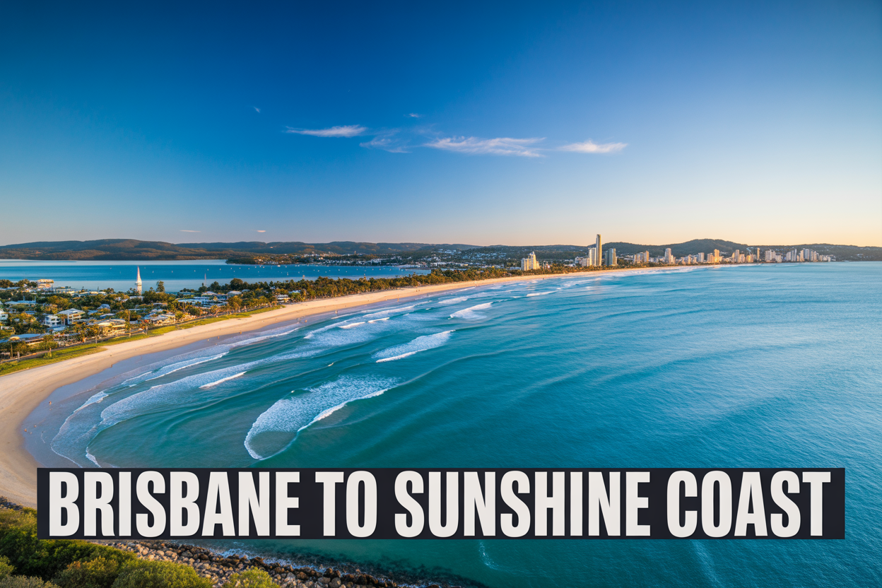 realistic image of a stunning coastal panorama featuring the iconic Noosa Heads beach with crystal-clear turquoise waters and golden sandy shores in the foreground, transitioning to the lively Mooloolaba waterfront in the background, under a bright sunny Queensland sky with a few wispy clouds, showcasing the vibrant and relaxed holiday atmosphere of the Sunshine Coast, with a bold overlaid text that reads "Brisbane to Sunshine Coast" in white bold font positioned at the bottom of the image.